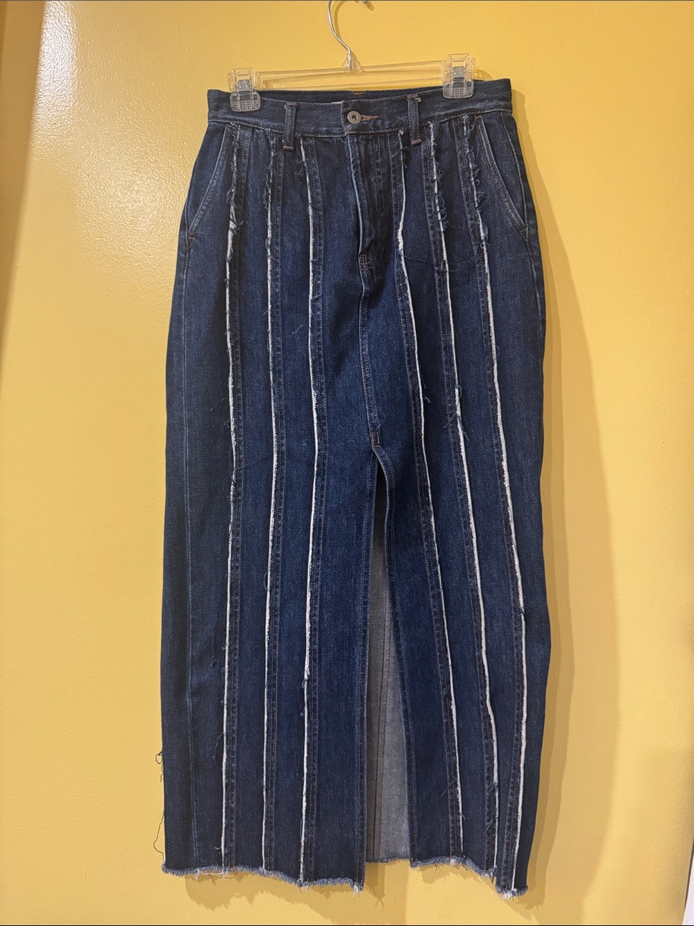 Moussy Vintage Front Slit Fringe Denim Midi Skirt with Vertical Frayed Stripes